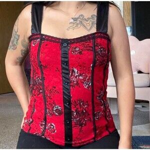 Women’s Pinkeli Red Black Button Up Lace Corset Top Dark Romantic Sexy NWOT 1X